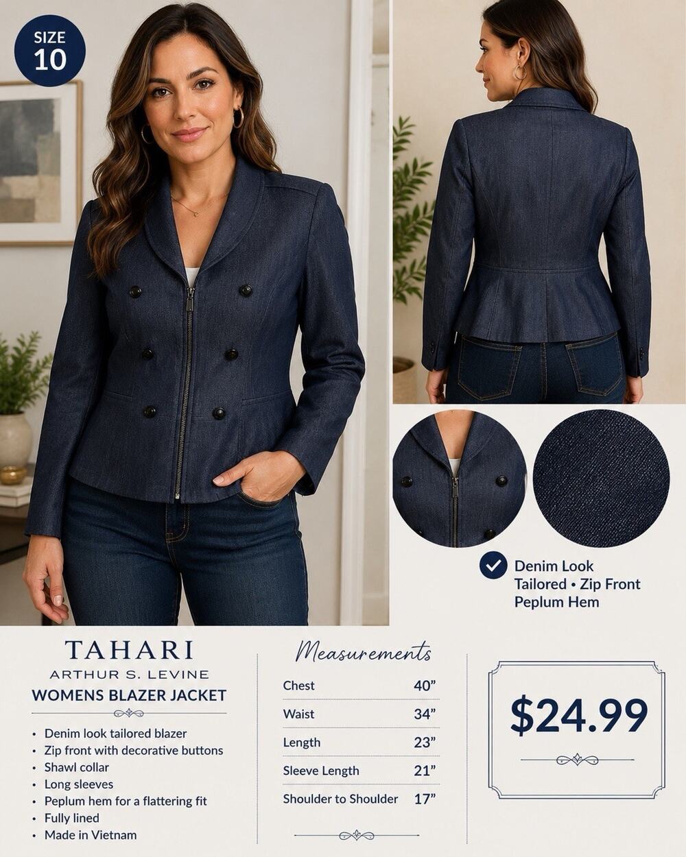 Tahari Arthur S Levine Womens 10 Denim Look Blazer Jacket Zip Front Peplum Blue